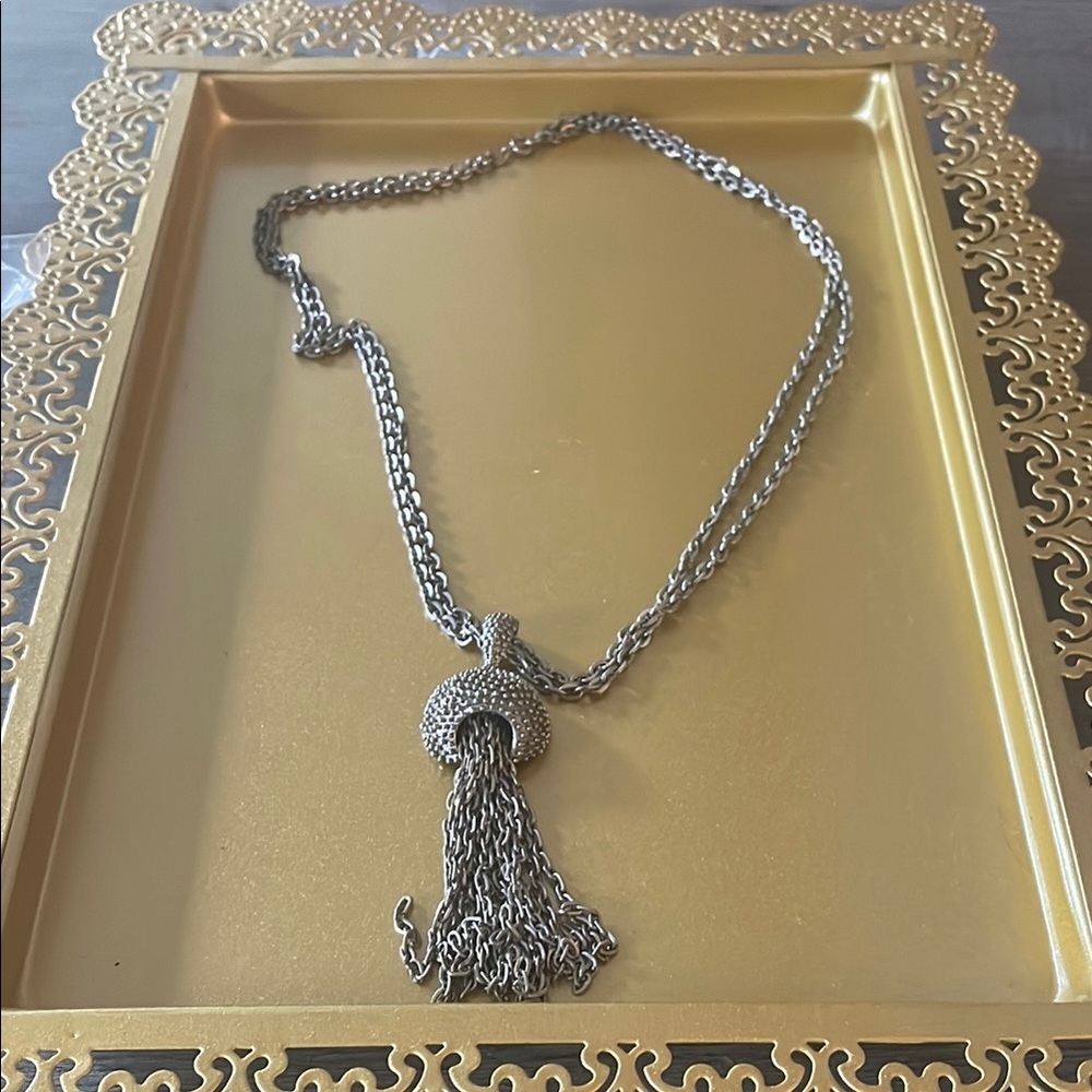 Vintage Silver Tone Statement Necklace w/ Tassel, 24 inches